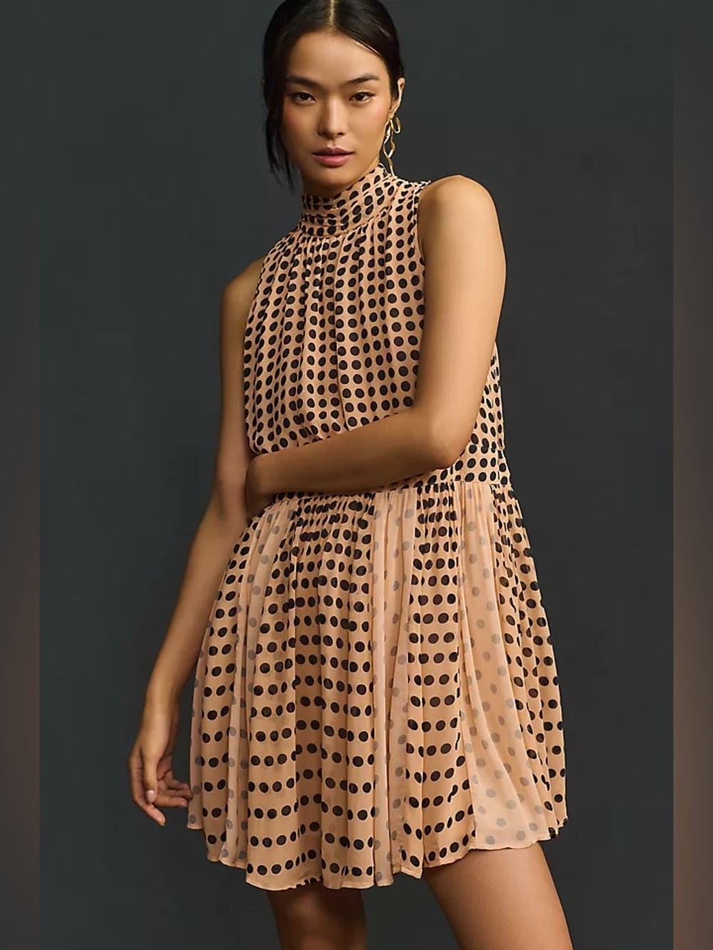 Maeve Sleeveless Mock-Neck Back-Bow Swing Polka Dot Mini Dress